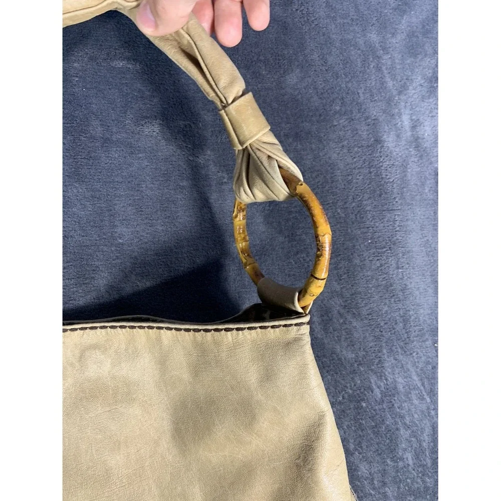 Plinio Visona Italy Tan Leather Bamboo Handle Hobo Shoulder Bag Leopard Lining